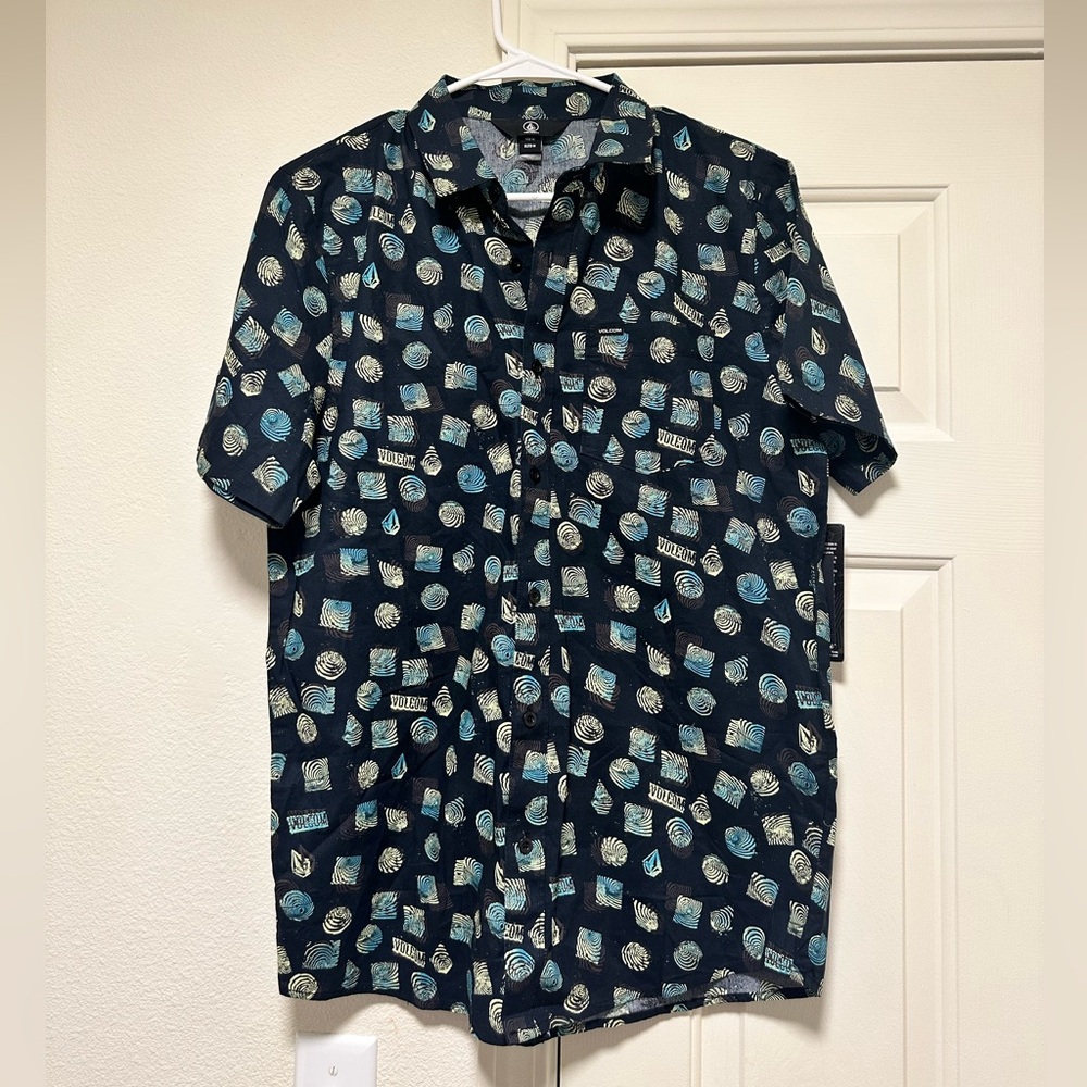 Volcom Men's Black and Blue Patterned Shirt
